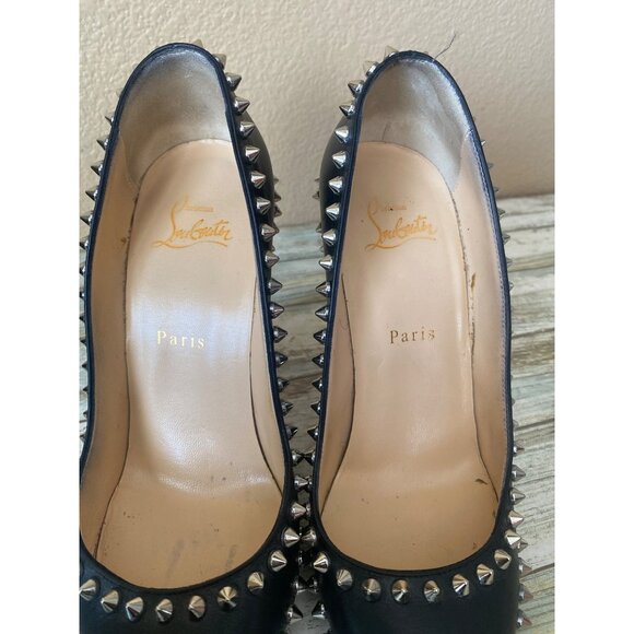 Christian Louboutin Dorispiky Black Leather Spiked Pumps 37.5/US7.5 w/COA No Box - Picture 12 of 15